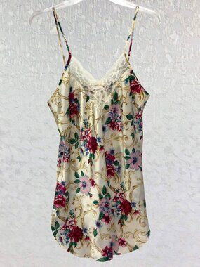L.A. Intimates Cream Chemise Slip Dress with Floral Print Pattern & Lace Trim